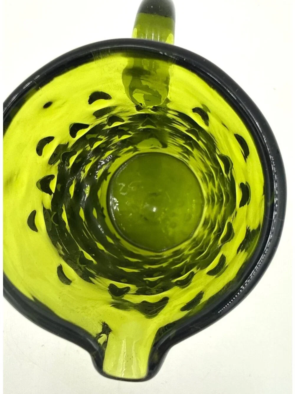 Vtg Handled Small Blown Art Glass Teardrop Pattern Avocado Green Pitcher/Creamer